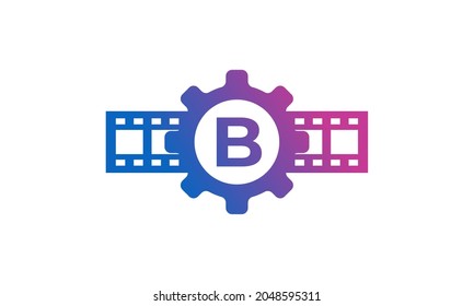 Initial Letter B Gear Cog Wheel with Reel Stripes Filmstrip for Film Movie Cinema Production Studio Logo Inspiration