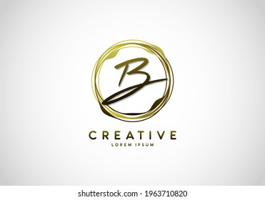 Initial Letter B Handwriting Stylish Signature, Circle Abstract Gold, Template Logo Vector.
