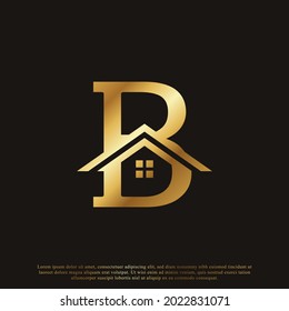 Initial Letter B Home House Golden Logo Design. Real Estate Logo Concept. Vector Illustration