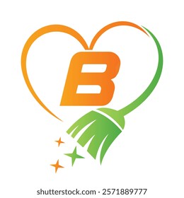 Initial Letter B House Clean Logo Concept With Cleaning Brush and Heart Symbol. Broom Sign