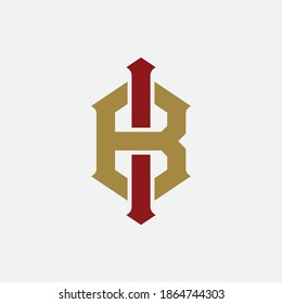 Initial letter B, I, BI or IB overlapping, interlock, monogram logo, red and gold color on white background