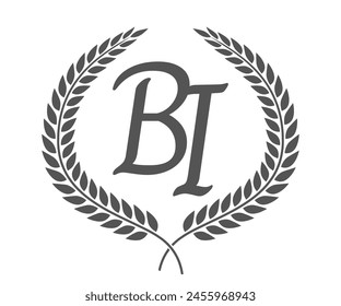 Letra inicial B y I, diseño del logotipo del monograma BI con corona de laurel. Fuente de caligrafía de lujo.