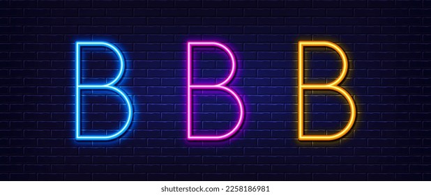 Anfangsbuchstaben B Symbol. Neonlichtzeileneffekt. Zeilentypopgraphie-Zeichen. Große erste Schriftart. Leuchtendes Neonlichtelement. Buchstabe B glänzt 3D-Linie. Brick-Wand-Banner. Vektorgrafik