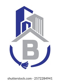 Initial Letter B Industrial Cleaning Logo Concept With Cleaning Brush and Building Symbol. Broom Sign