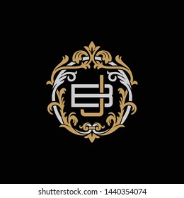 Initial letter B and J, BJ, JB, decorative ornament emblem badge, overlapping monogram logo, elegant luxury silver gold color on black background