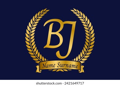 Ursprüngliche Buchstaben B und J, BJ Monogramm Logo Design mit Lorbeertraum. Luxuriöses goldenes Emblem mit kalligrafischer Schrift.