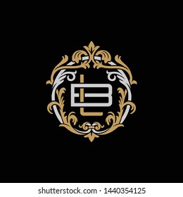 Initial letter B and L, BL, LB, decorative ornament emblem badge, overlapping monogram logo, elegant luxury silver gold color on black background