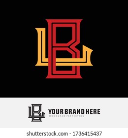 Initial letter B, L, BL, or LB overlapping, interlock, monogram logo, red and yellow color on black background