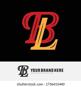 Initial letter B, L, BL, or LB overlapping, interlock, monogram logo, red and yellow color on black background