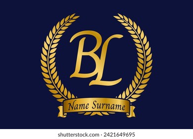 Initial letter B and L, BL monogram logo design with laurel wreath. Luxury golden emblem with calligraphy font.