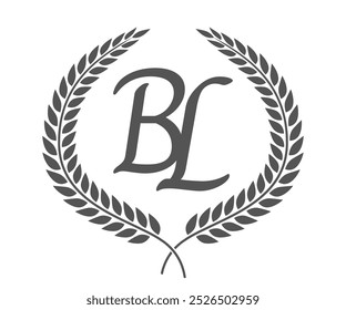 Letra inicial B e L, BL monograma design logotipo com coroa de louro. Fonte de caligrafia de luxo.