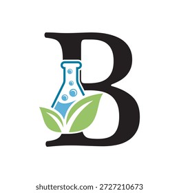 Diseño inicial del logotipo del laboratorio de la letra B combinado con el símbolo del tubo de ensayo y de la hoja