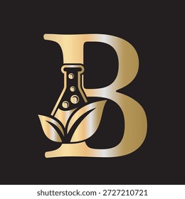 Diseño inicial del logotipo del laboratorio de la letra B combinado con el símbolo del tubo de ensayo y de la hoja