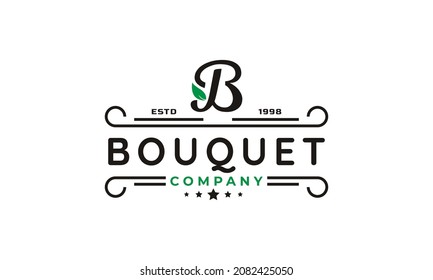 Inspiración en el diseño de la letra inicial B y la hoja para el logotipo de Bouquet vintage