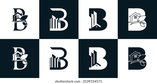 Plantilla inicial de la colección del diseño del logotipo de la letra b con el icono de la casa y el concepto creativo Vector de Premium