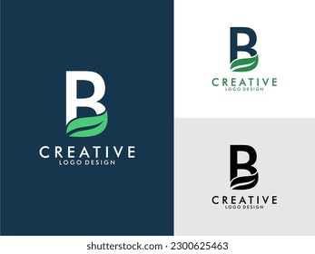 Initial Letter B Logo with Green Leaf vector on three color variations . Usable for Branding and Nature Logos. Flat Vector Logo Design Template Element