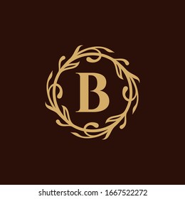Initial Letter B Luxury Logo with Leaf Floral Border Carved Frame