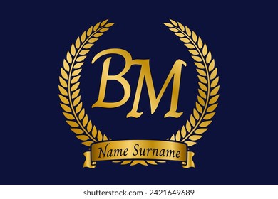 Initial letter B and M, BM monogram logo design with laurel wreath. Luxury golden emblem with calligraphy font.