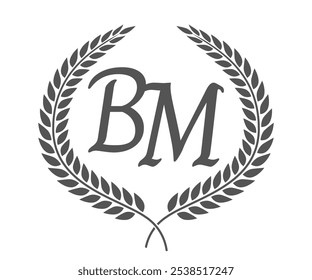 Initial letter B and M, BM monogram logo design with laurel wreath. Luxury calligraphy font.