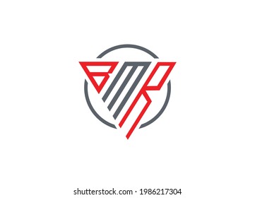 Letra inicial B M R triángulo monograma moderno logotipo rojo y gris
