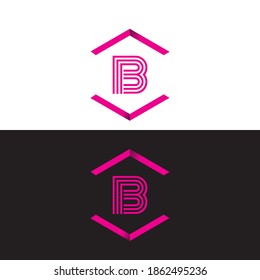 Initial letter B, minimalist line art monogram hexagon logo, pink color isolated on black and white.