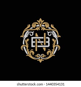 Initial letter B and N, BN, NB, decorative ornament emblem badge, overlapping monogram logo, elegant luxury silver gold color on black background
