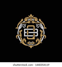 Initial letter B and Q, BQ, QB, decorative ornament emblem badge, overlapping monogram logo, elegant luxury silver gold color on black background