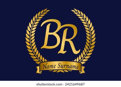 Ursprüngliche Buchstaben B und R, BR monogramm Logo-Design mit Lorbeerschaden. Luxuriöses goldenes Emblem mit kalligrafischer Schrift.
