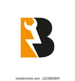 Initial Letter B Repair Wrench And Volt Power Logo Design For Repair, Electrical Sign Vector Template