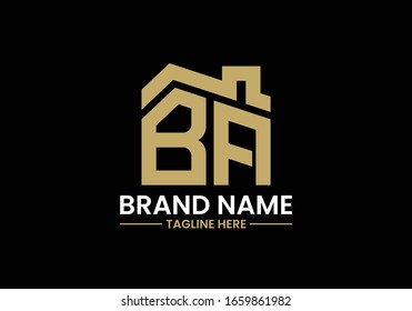 Letra inicial B y A con el techo. Concepto de diseño del logo inmobiliario.