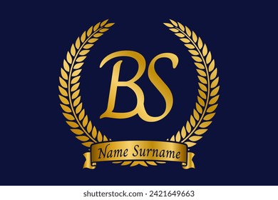 Initial letter B and S, BS monogram logo design with laurel wreath. Luxury golden emblem with calligraphy font.