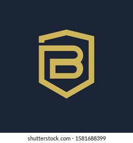 initial Letter B with Shield frame line art element. Shield Line geometry  for Security logo. Logo Icon Template for Web and Business Card, Letter Logo Template on Black Background. - vector