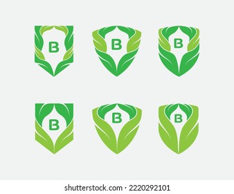 initial Letter B Shield Leaf Logo Set Concept symbol icon sign Element Design. Herbal, Cosmetics, Natural Products, Ecology, Health Care, Spa Logotype. Vector illustration template