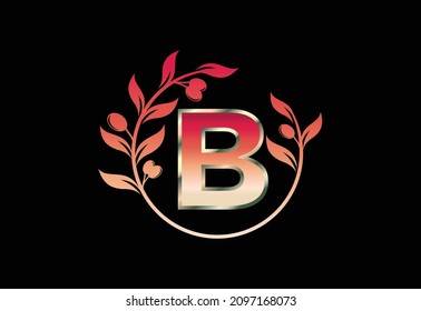 Initial letter B sign symbol with olive branch wreath, Round floral frame made by the olive branch