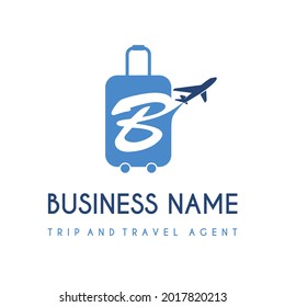 Initial Letter B with Suitcase Bag and Air Plane for Travel and Trip Agent Business Logo Idea. Recreation, Voyage, Vacation, Transport Service Company Logo Design Concept