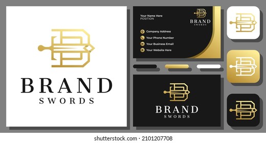 Ursprüngliches Letter B Sword Gold Luxury Kingdom Ritter Elegantes Logo Design mit Business Card Template