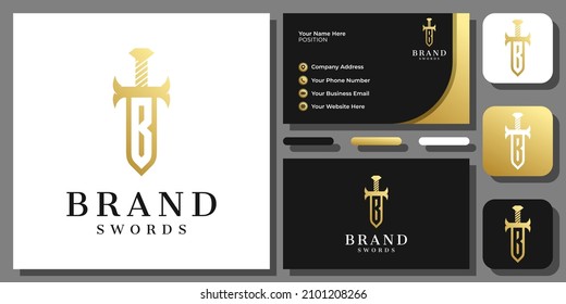Initial Letter B Sword Gold Luxury Kingdom Knight Elegant Logo Design with Business Card Template