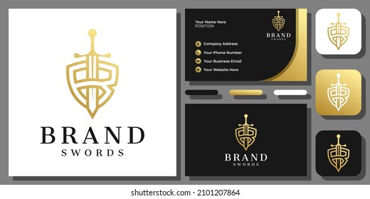 Letra inicial B Escudo de espadas Reino de Knight Gold Diseño de logotipo de lujo con plantilla de tarjeta de visita