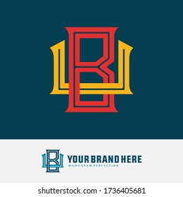 Initial letter B, U, BU, or UB overlapping, interlock, monogram logo, red an yellow color on blue tosca background