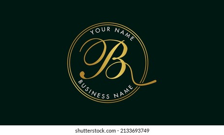 Initial letter B vector logo design template, Luxury cursive, bold script letter B b. Golden gold with circle shape outline, Isolated on black background.