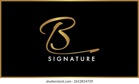 Initial letter B b vector signature Logo Template, Bold cursive stylish brush calligraphy letter B, Luxury Golden. Gold Isolated on black background.