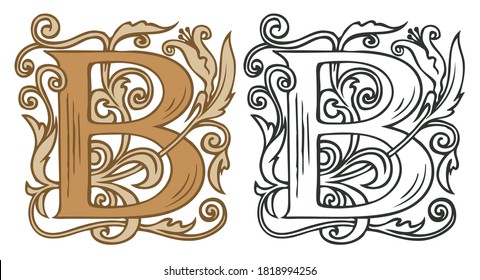 Initial letter B with vintage Baroque decorations. Two vector uppercase letters B in beige and black-white colors. Beautiful filigree capital letter to use for monogram, logo, emblem, card, invitation