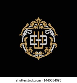 Initial letter B and W, BW, WB, decorative ornament emblem badge, overlapping monogram logo, elegant luxury silver gold color on black background