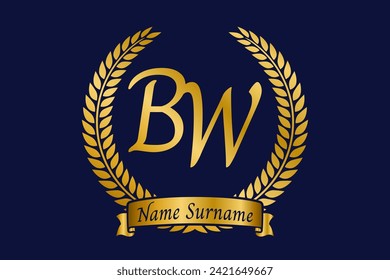 Initial letter B and W, BW monogram logo design with laurel wreath. Luxury golden emblem with calligraphy font.