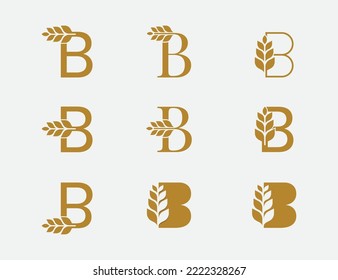 initial Letter B Wheat Grain Logo Stamp Badge Concept sign symbol icon Design Element. Agriculture, Plant, Bakery, Vegan, food, Harvest Logotype. Vector illustration logo template