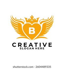Initial Letter B with wings, love, and Crown logo design vector template. Identity logo design vector template