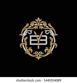 Initial letter B and Y, BY, YB, decorative ornament emblem badge, overlapping monogram logo, elegant luxury silver gold color on black background