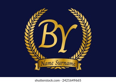 Initial letter B and Y, BY monogram logo design with laurel wreath. Luxury golden emblem with calligraphy font.