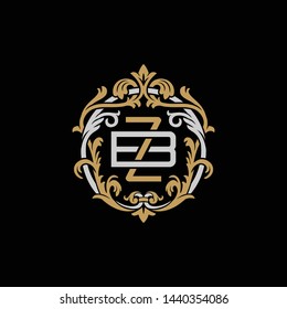 Initial letter B and Z, BZ, ZB, decorative ornament emblem badge, overlapping monogram logo, elegant luxury silver gold color on black background