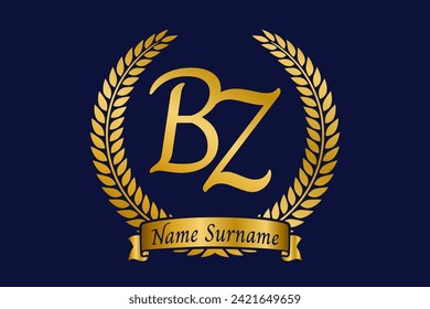 Initial letter B and Z, BZ monogram logo design with laurel wreath. Luxury golden emblem with calligraphy font.